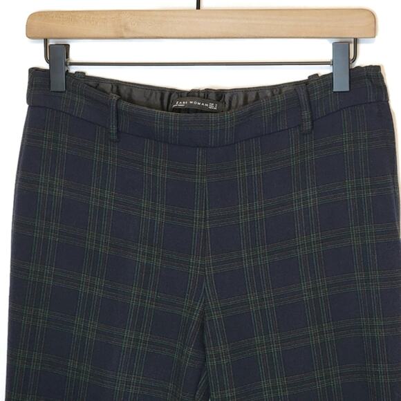 ZARA WOMAN Plaid Blue Green Ankle Crop Mid Rise Straight Skinny Pant Size S - Picture 3 of 13